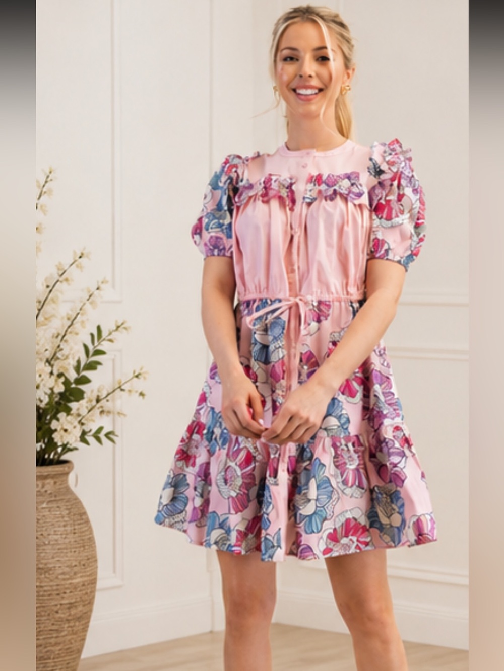 Gigio Pink Floral Ruffle Puff Sleeve Dress Size Small